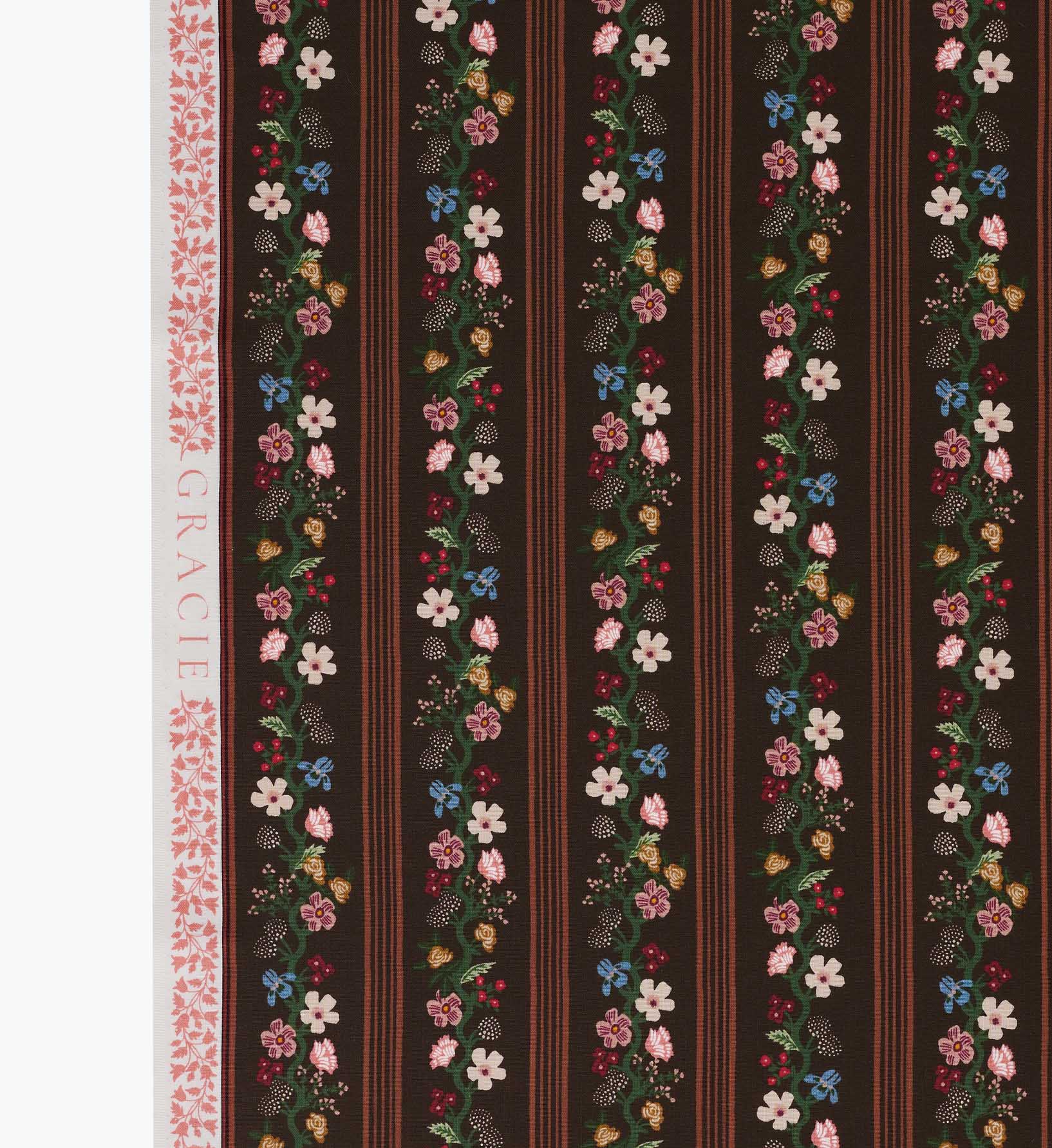Floral Trellis Stripe Cotton Fabric - Cocoa - Image 3