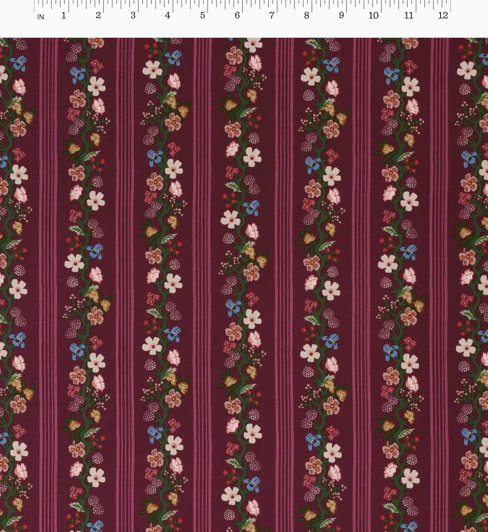 Floral Trellis Stripe Cotton Fabric - Burgundy - Image 2