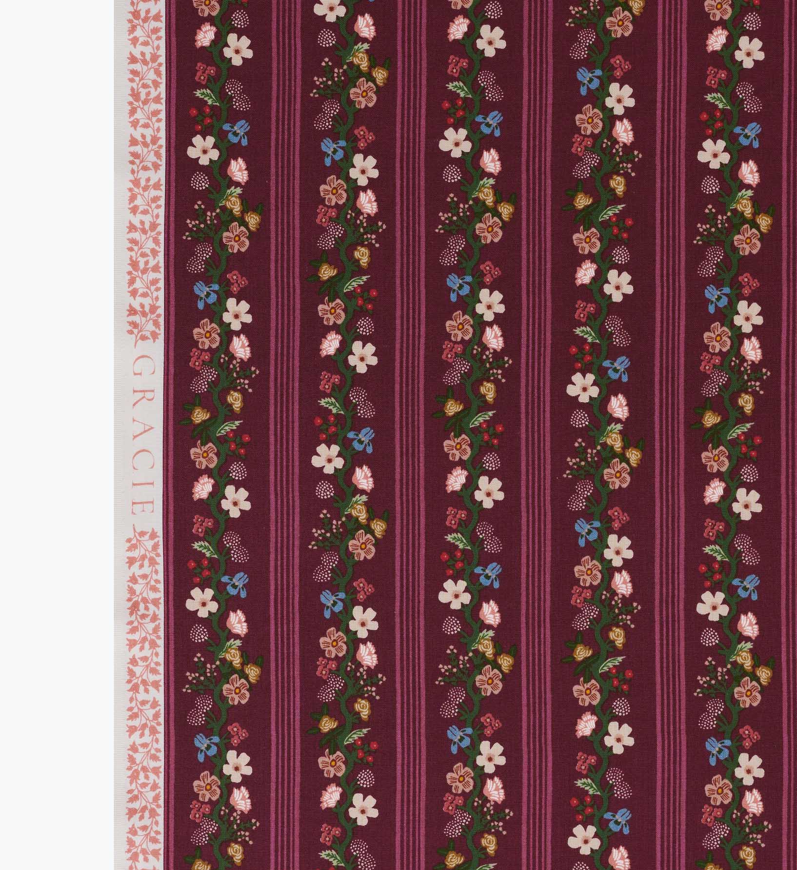 Floral Trellis Stripe Cotton Fabric - Burgundy - Image 3