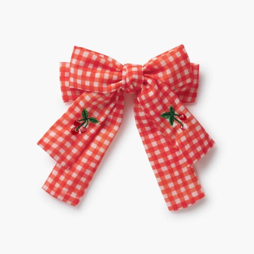 Embroidered Bow Clip - Gingham Cherries