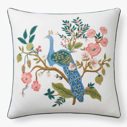 Embroidered Pillow Cover - Peacock White