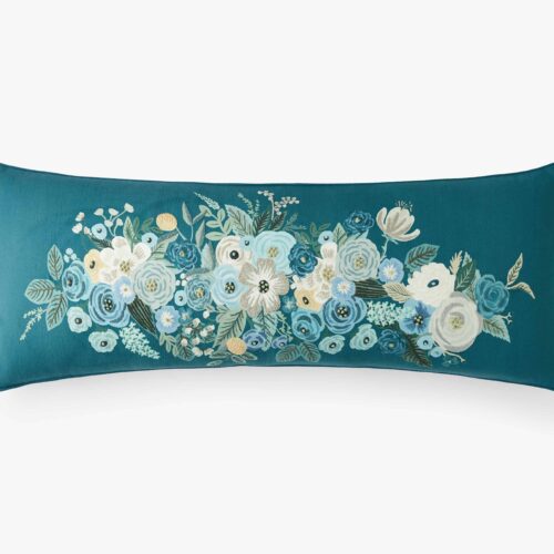Embroidered Lumbar Pillow Cover - Garden Party Blue