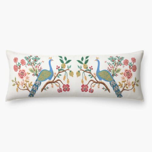 Embroidered Lumbar Pillow Cover - Peacock Ivory