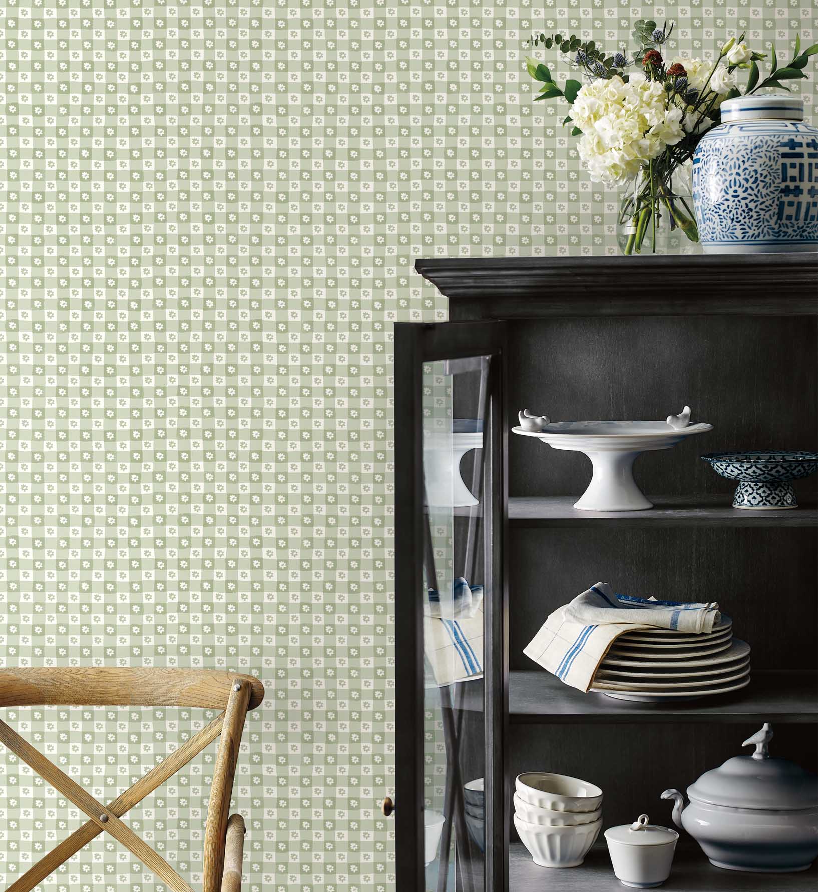 Daisy Gingham Peel & Stick Wallpaper - Green - Image 2