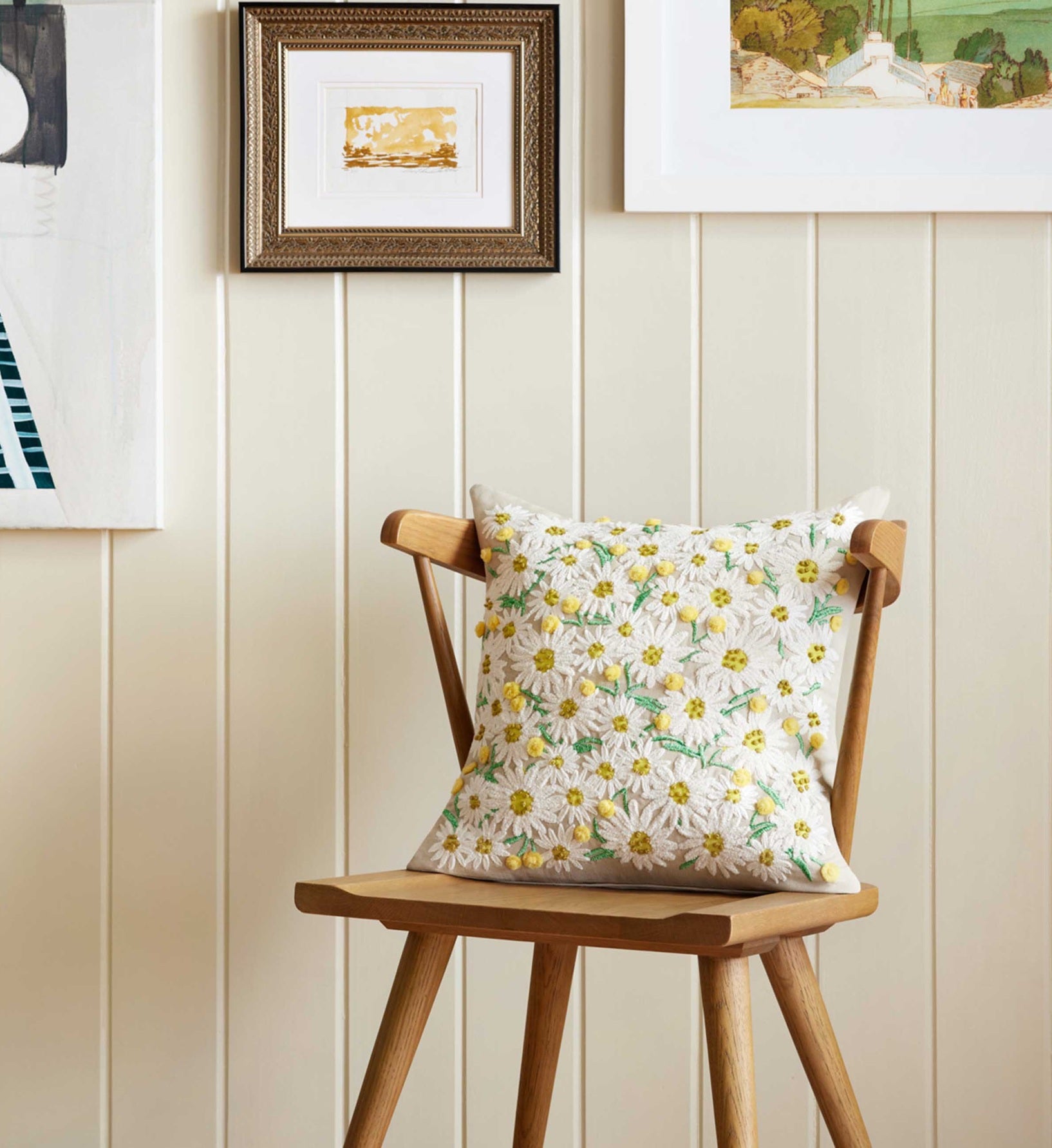 Daisies Embroidered Pillow - Khaki - Image 2