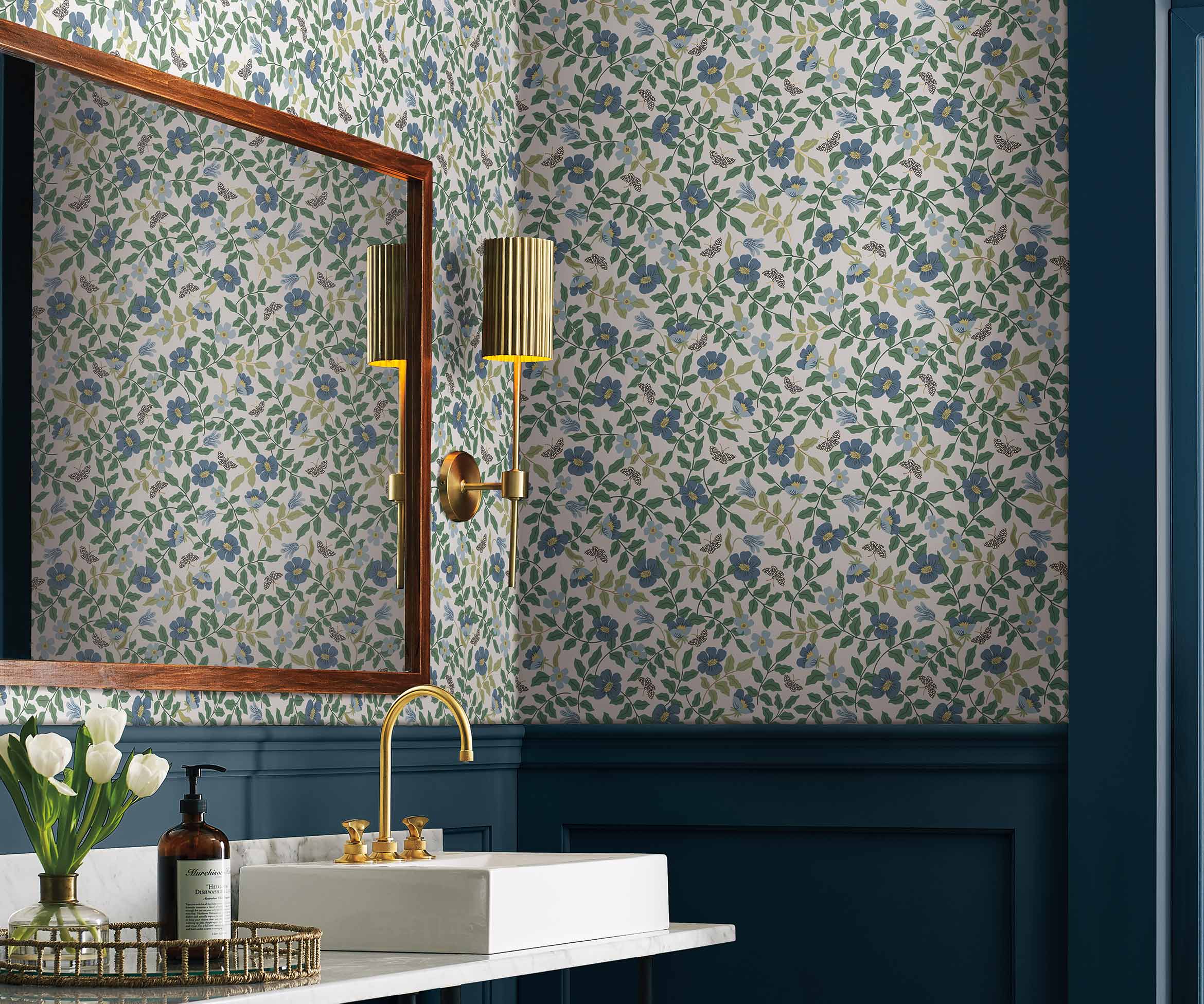 Primrose Peel & Stick Wallpaper Sample - Blue & Cream - Image 2