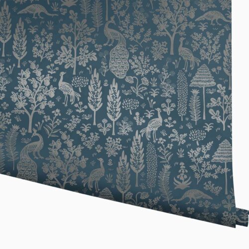 Menagerie Toile Wallpaper - Navy & Metallic Silver