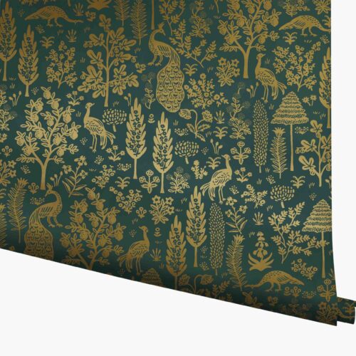 Menagerie Toile Wallpaper - Emerald & Metallic Gold