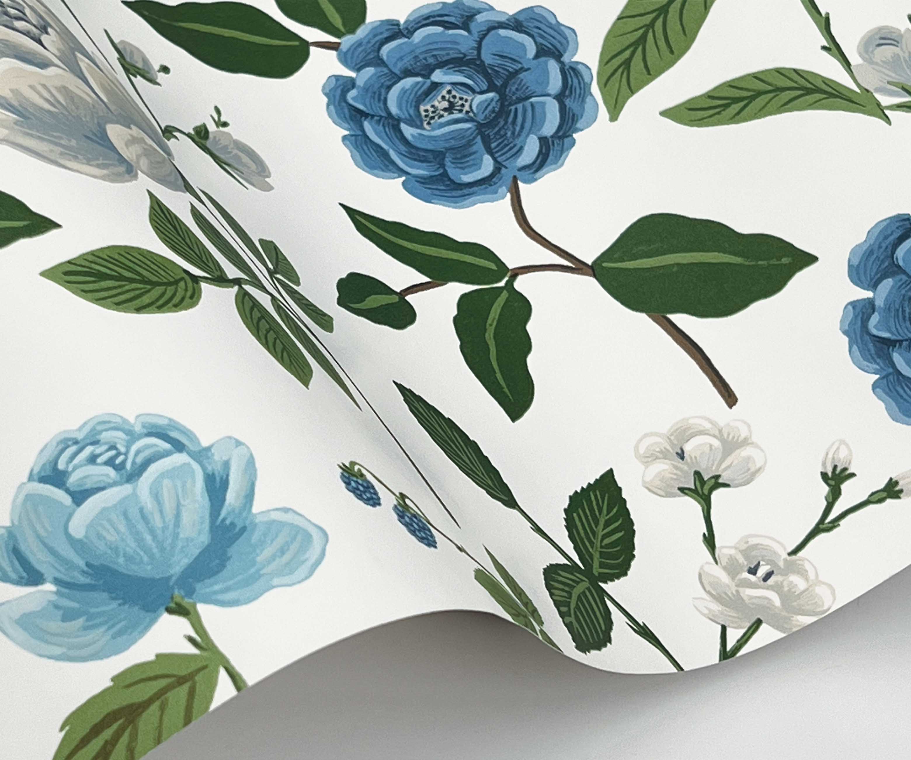 Roses Wallpaper Sample - White & Blue - Image 2