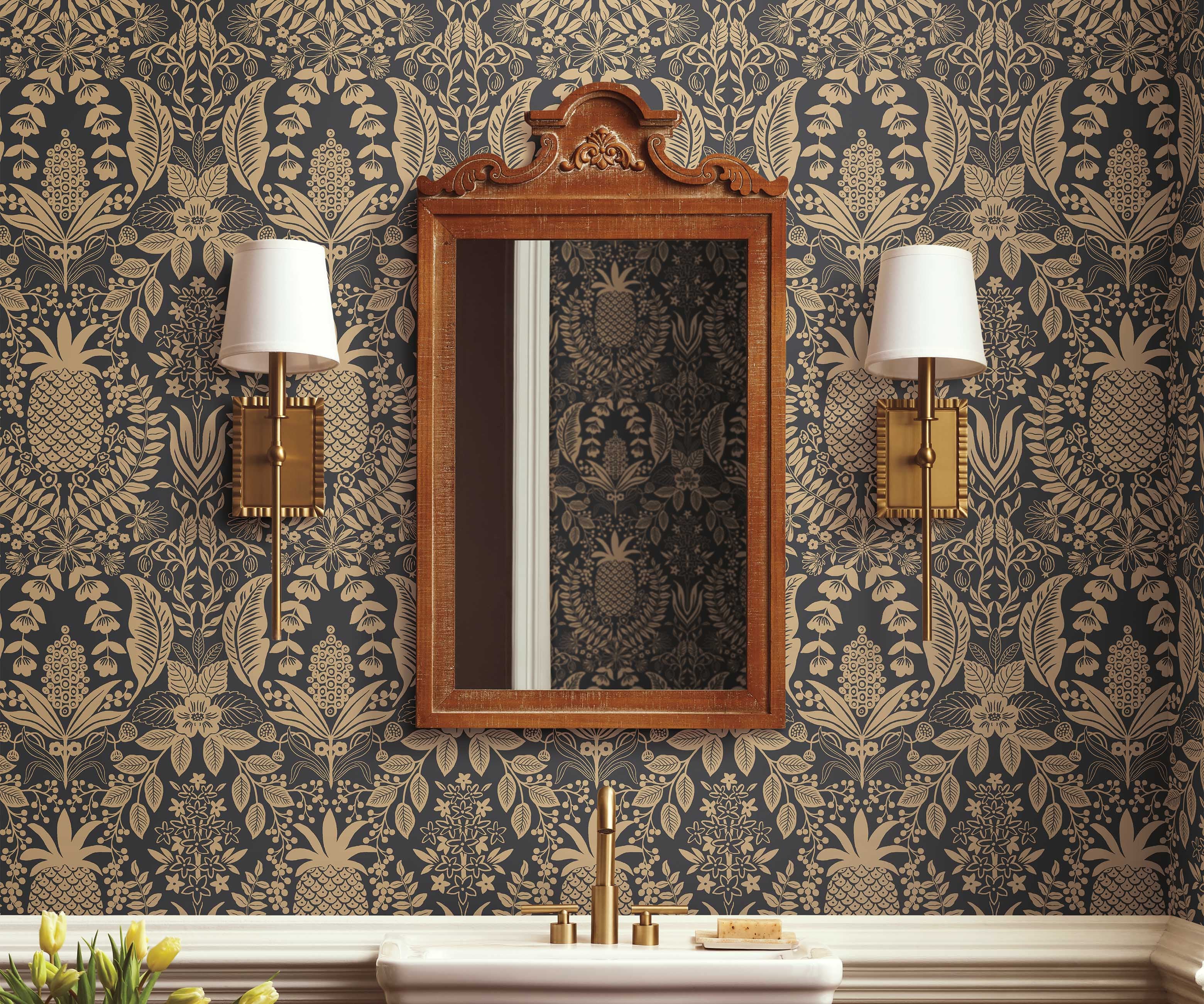 Pineapple Damask Wallpaper - Black & Gold - Image 2